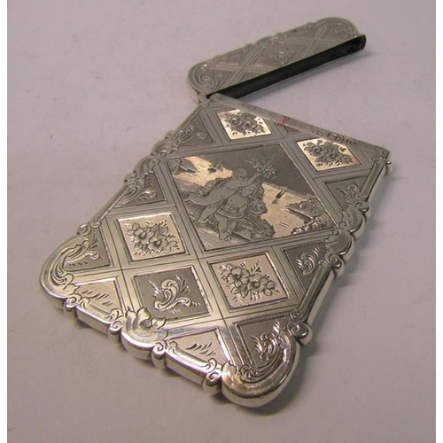 212 - A mid Victorian silver visiting card case, diamond panels chased with a central panel depicting a ch... 