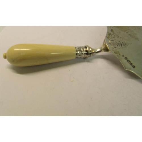 217 - A late Victorian silver serving trowel, chased with scrolling leaf and having a white bone handle, m... 