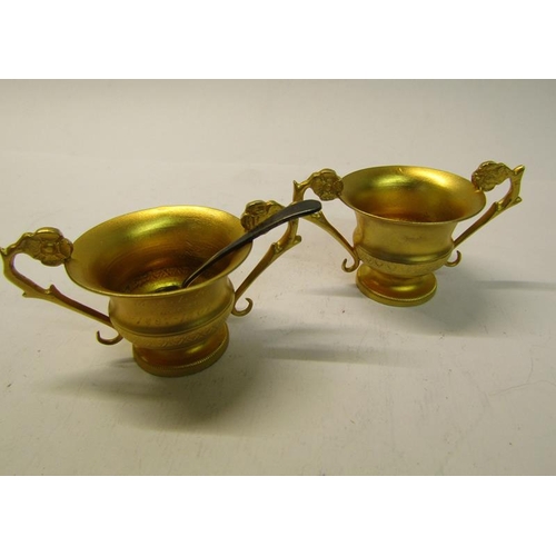 161 - A pair of 19c Italian silver gilt salt cellars of two handled form, Naples 1823/72, .883 grade, toge... 