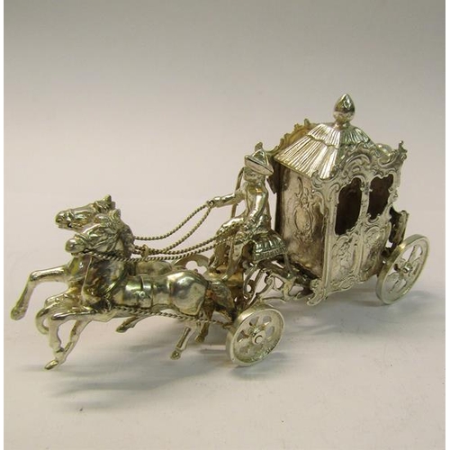 163 - A late 19c Continental silver horse and carriage, unidentified base marks, 4.6ozt, 12cm l.