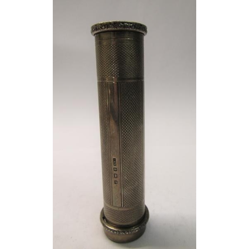 175 - A silver cased pocket torch with engine turned panel decoration, makers mark for Crisford & Norris, ... 