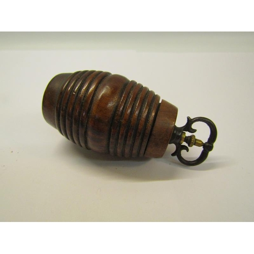 68 - A 19c pepper mill in the form of a ringed walnut barrel with steel grinder and turn screw, 9.5cm h.