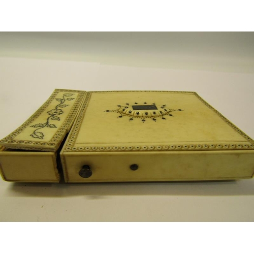 74 - A late Georgian ivory visiting card case with two opposing raised motifs within pin decorated border... 