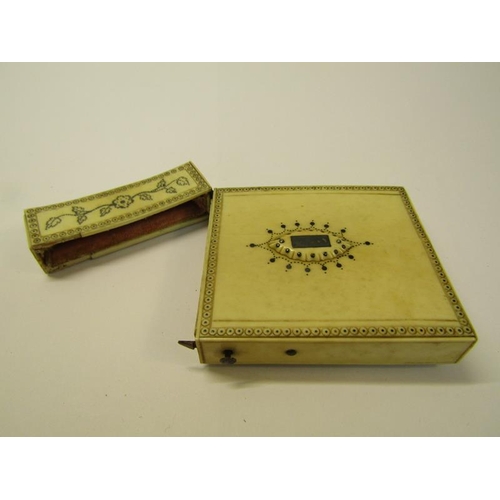 74 - A late Georgian ivory visiting card case with two opposing raised motifs within pin decorated border... 