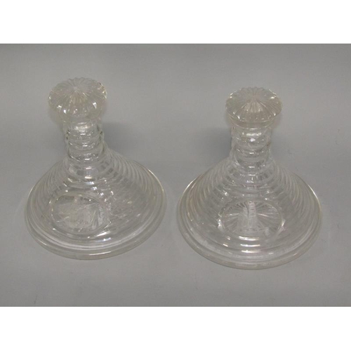 258 - A pair of 19c ships decanters of stepped cut design, engraved with oval panels of sailing vessels an... 