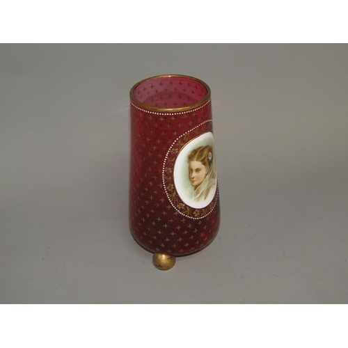 261 - A 19c Bohemian ruby glass vase of tapering baluster form with a white opaque portrait painting of a ... 