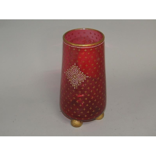 261 - A 19c Bohemian ruby glass vase of tapering baluster form with a white opaque portrait painting of a ... 