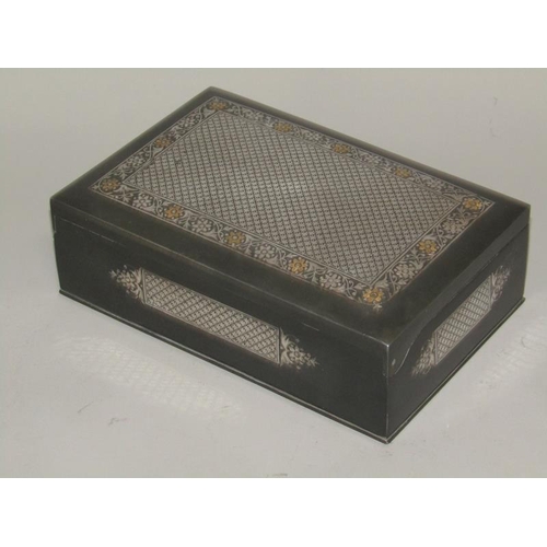 44 - A late 19c Damask gold and silver inlaid cigarette box with niello panel decoration, 19cm w.