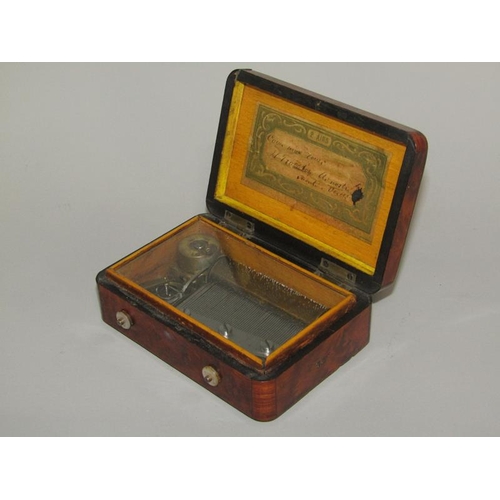 14 - A late 19c Swiss miniature music box in burr walnut cased with ebonised edging to the lid which has ... 