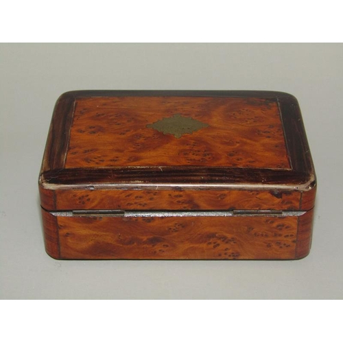 14 - A late 19c Swiss miniature music box in burr walnut cased with ebonised edging to the lid which has ... 