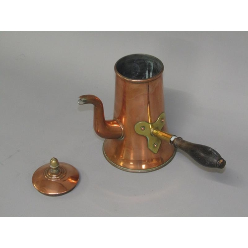 24 - A Victorian copper and brass coffee pot with domed lift off cover, having a brass acorn finial, and ... 