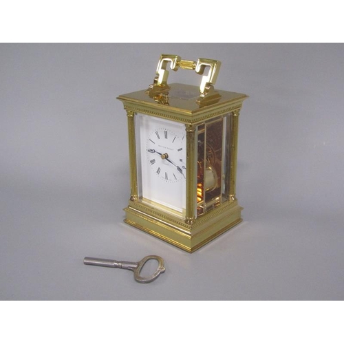 7 - A late 20c Swiss carriage clock by Matthew Norman in glazed brass Corinthian case with fluted column... 