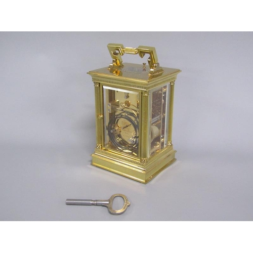 7 - A late 20c Swiss carriage clock by Matthew Norman in glazed brass Corinthian case with fluted column... 