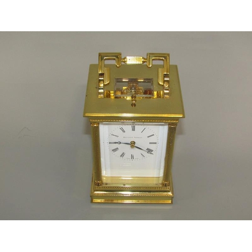 7 - A late 20c Swiss carriage clock by Matthew Norman in glazed brass Corinthian case with fluted column... 