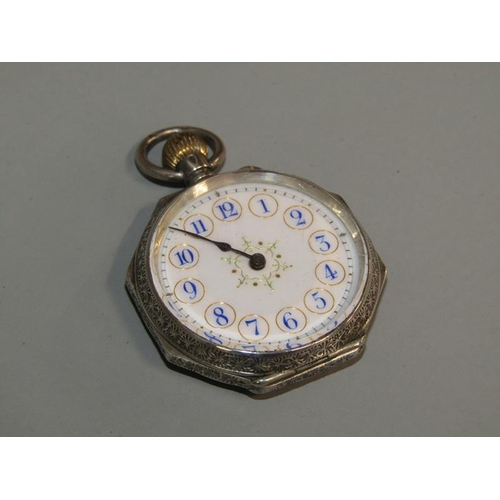 97 - An early 20c Swiss ladies fob watch with keyless Swiss bar movement with cylinder escapement.  The w... 