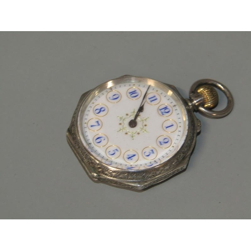 97 - An early 20c Swiss ladies fob watch with keyless Swiss bar movement with cylinder escapement.  The w... 