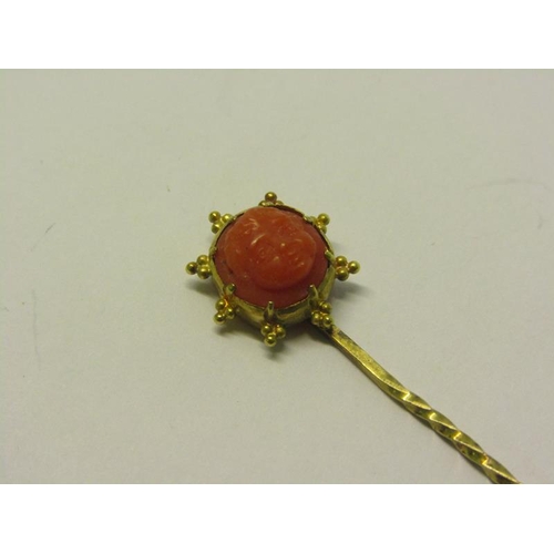 151 - An Edwardian gold stick pin with carved coral mask setting, 6cm l.