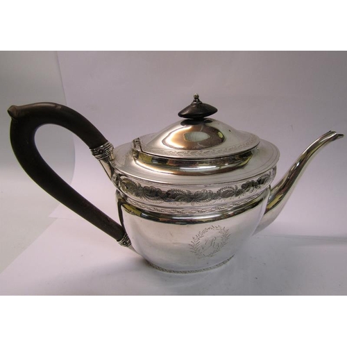 238 - A George III silver teapot of oval form, chased with bands of leaf and flowers, having a composite h... 