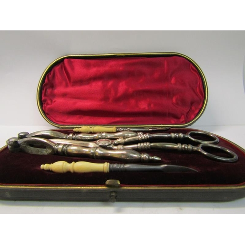 244 - A late 19c boxed set of silver plated nut cracks, a pair of grape scissors and a pair of bone handle... 