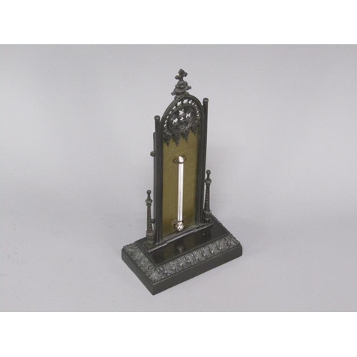 29 - A Victorian Gothic thermometer stand with a patinated cast metal register, 23cm h, base 10cm w.