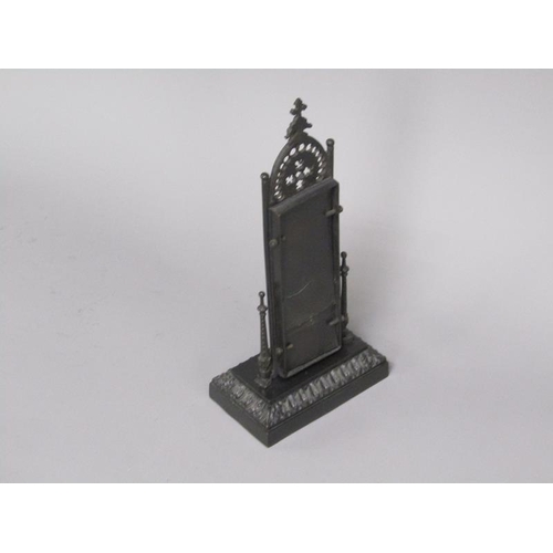 29 - A Victorian Gothic thermometer stand with a patinated cast metal register, 23cm h, base 10cm w.