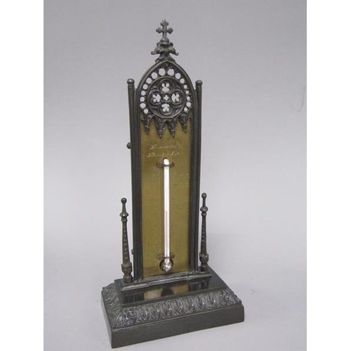 29 - A Victorian Gothic thermometer stand with a patinated cast metal register, 23cm h, base 10cm w.