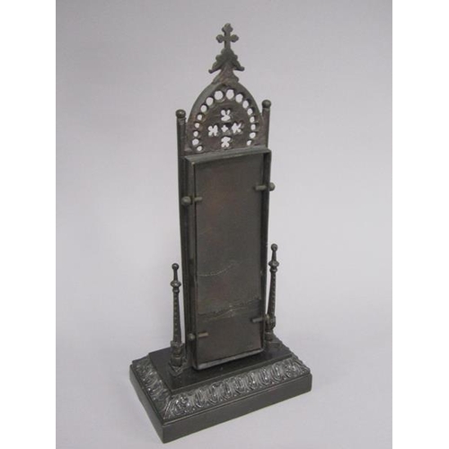 29 - A Victorian Gothic thermometer stand with a patinated cast metal register, 23cm h, base 10cm w.