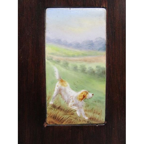 87 - A pair of late 19c miniature paintings on porcelain panels of a setter dog and a pointer dog in land... 