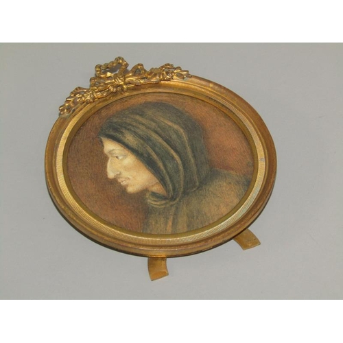 92 - A 19c miniature watercolour portrait of a monk, gilt metal framed and glazed, 7.5cm x 8cm.