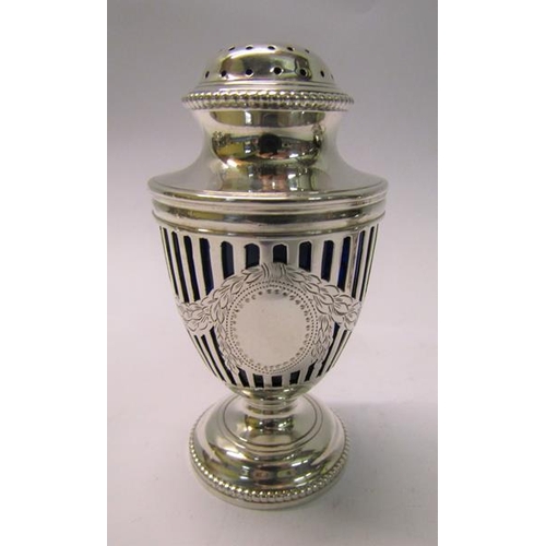 203 - An early 20c silver three piece condiment comprising a pierced silver mustard, salt and a pepper, tw... 