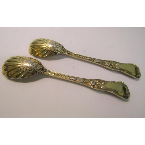 204 - A pair of late Victorian silver gilt serving spoons with shell shaped bowls, the handles cast with c... 