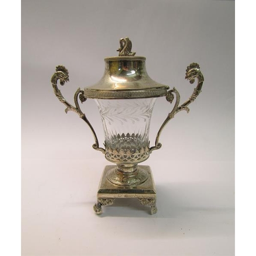 206 - A 19c Belgium cut and engraved glass serving pot with a silver hinged cover, having a swan finial, t... 