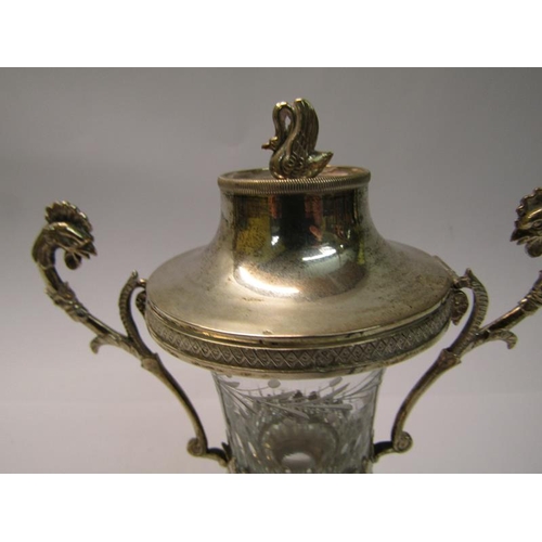 206 - A 19c Belgium cut and engraved glass serving pot with a silver hinged cover, having a swan finial, t... 