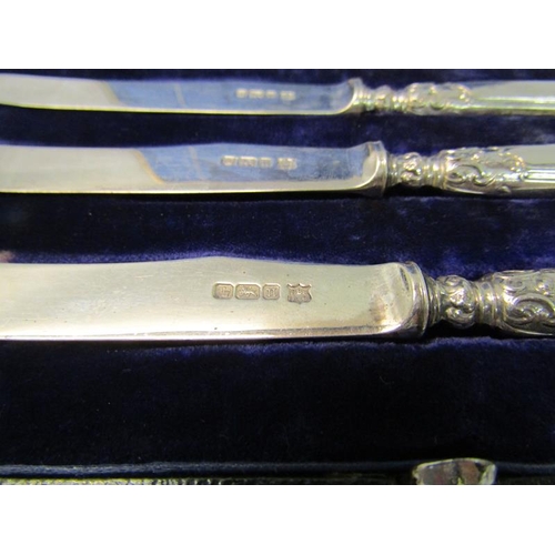 210 - A boxed set of six silver pistol grip tea knives, makers mark for Fenton Bros, Sheffield 1905.  5ozt