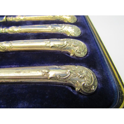 210 - A boxed set of six silver pistol grip tea knives, makers mark for Fenton Bros, Sheffield 1905.  5ozt