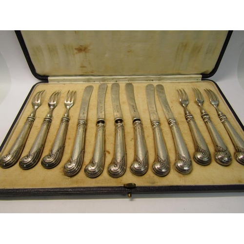 211 - A boxed set of six silver pistol grip dessert knives and forks, makers mark for Asprey & Co Ltd, Lon... 