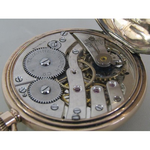 98A - A 9ct gold cased half hunter pocket watch with a movement stamped Tavannes Watch Co, total 7.9g, 4.7... 