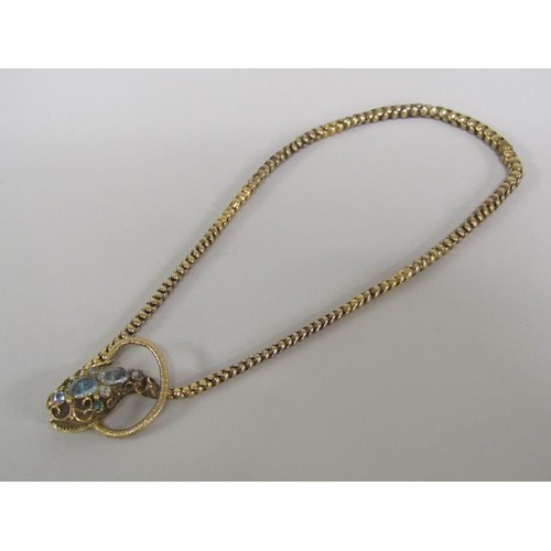 113A - An Edwardian gold snake necklace, the snake head with open mouth and set with aquamarine, diamond an... 