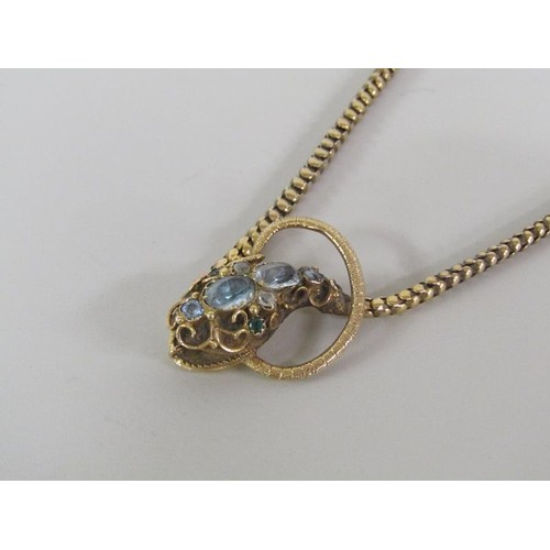 113A - An Edwardian gold snake necklace, the snake head with open mouth and set with aquamarine, diamond an... 