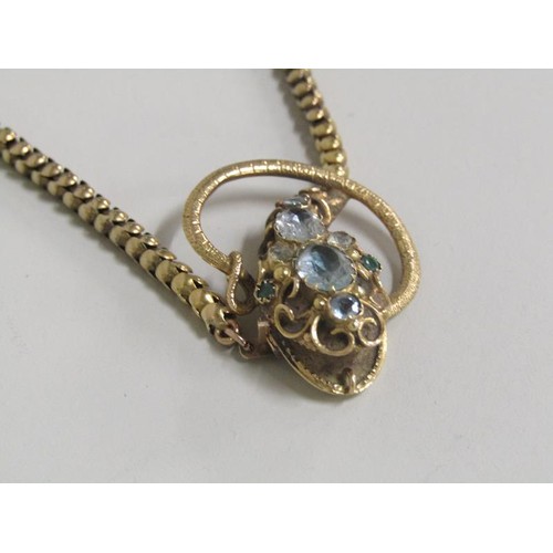 113A - An Edwardian gold snake necklace, the snake head with open mouth and set with aquamarine, diamond an... 