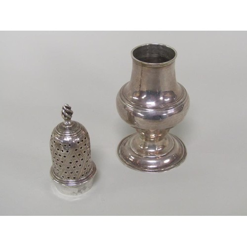 212A - A George III silver pepper with domed pierced cover with flame finial by Hester Bateman, London 1780... 