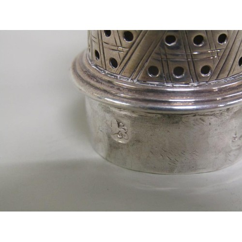 212A - A George III silver pepper with domed pierced cover with flame finial by Hester Bateman, London 1780... 