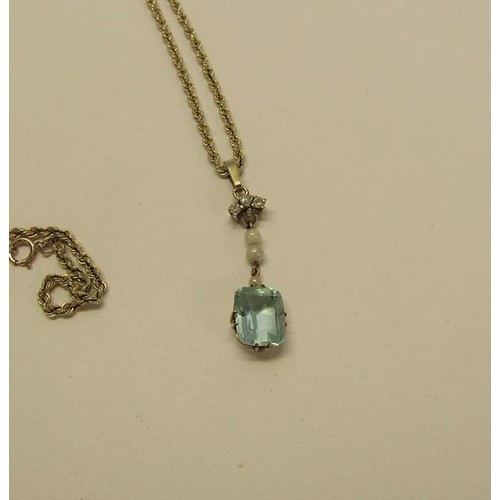 133 - A gold pendant set with square Aquamarine suspended by seed pearls and diamonds on a 9ct chain, 3.7g... 