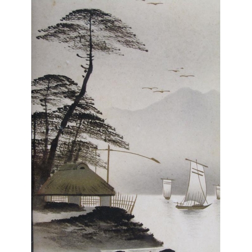 1101 - PAIR OF JAPANESE F/G PRINTS - LAKE SUBJECTS WITH GILT HIGHLIGHTS, SIGNED AND STAMPED, 19CM X 24CM; O... 