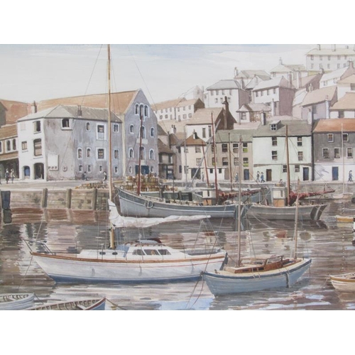 1103 - W P HAWORTH - F/G WATERCOLOUR, HARBOUR WITH QUAYSIDE AND MOORED BOATS, 36CM X 54CM