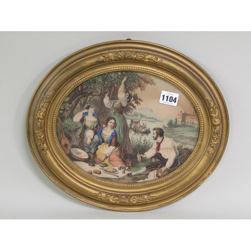 1104 - PAIR OF VICTORIAN GILT FRAMED OVAL FRAMED COLOURED PRINTS, MOTHER AND CHILDREN & PICNIC SCENE, EACH ... 