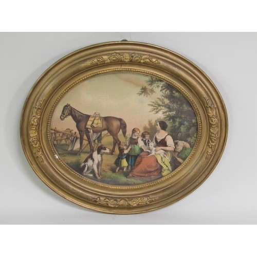 1104 - PAIR OF VICTORIAN GILT FRAMED OVAL FRAMED COLOURED PRINTS, MOTHER AND CHILDREN & PICNIC SCENE, EACH ... 