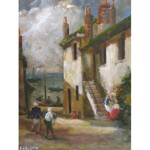 1105 - R CALROW - GILT FRAMED OIL ON CANVAS, 19C COASTAL VILLAGE LEADING TO HARBOUR, 29CM X 39CM