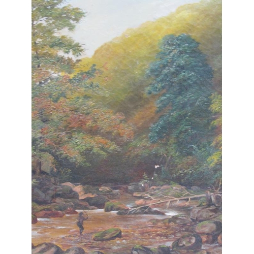 1106 - W S THOMAS - LONE FIGURE IN RIVER SETTING IN HIGHLANDS, FRAMED, 41CM X 32CM