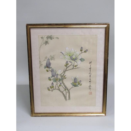 1108 - FOUR JAPANESE F/G PAINTINGS ON SILK - BIRDS AND BLOSSOM, SIGNED, EACH APPROX 46CM X 25CM